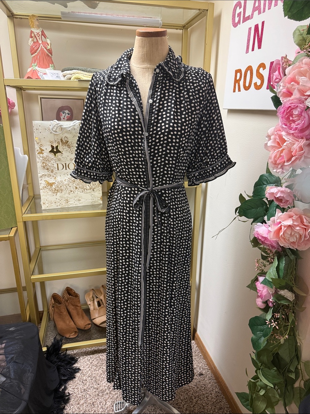 Max Studio Black and White Polka Dot Belted Maxi Shirt Dress